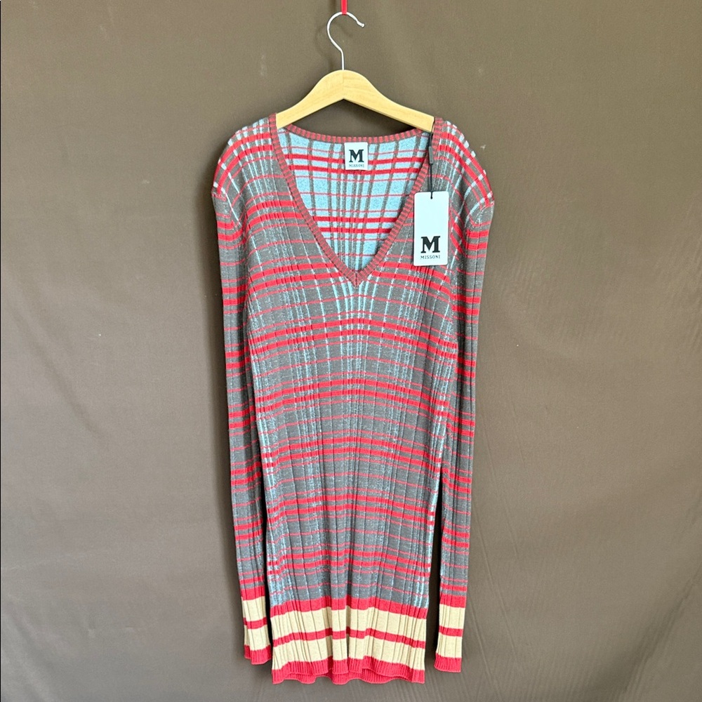 Missoni Red and Gray Striped V-Neck Stretch Knit Sweater